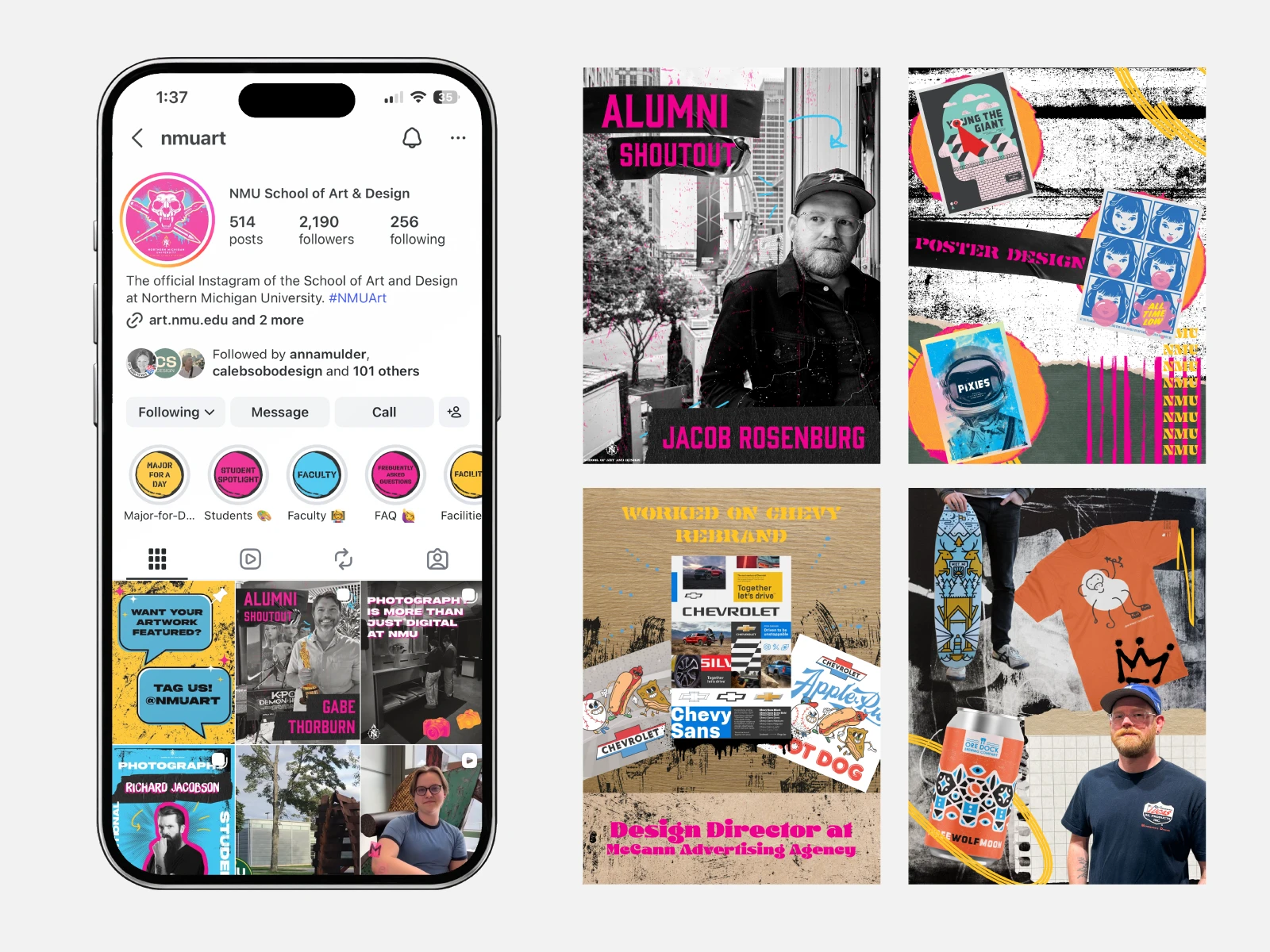 The @nmuart Instagram profile on a phone beside four posts: an alumni shoutout, a poster design feature, a Chevrolet rebrand feature, and a merchandise collage