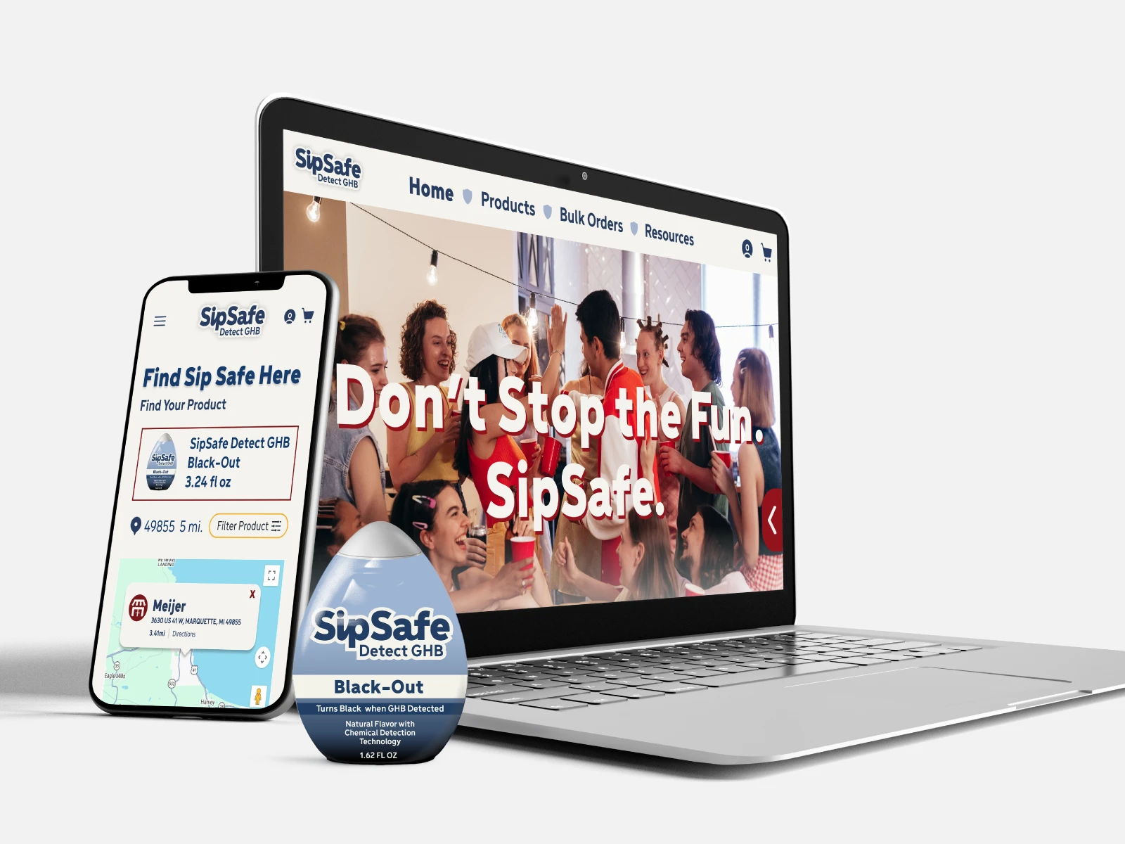 SipSafe website shown on a laptop and phone beside a SipSafe Detect GHB bottle